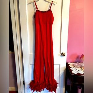 Fun red spandex & feather unitard w/ sequin trim